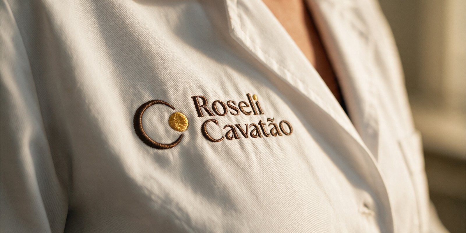 Marca Roseli Cavatão bordada no jaleco